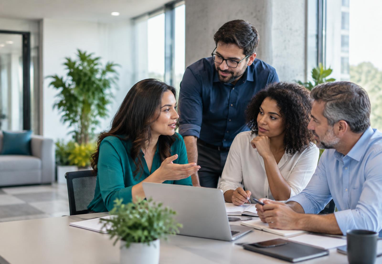 Equipe diversa colaborando em um ambiente corporativo claro e contemporâneo